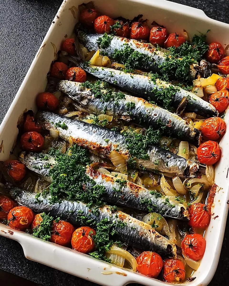 Baked Mediterranean Sardines 25 Fresh sardines arranged with lemon slices and herbs before baking