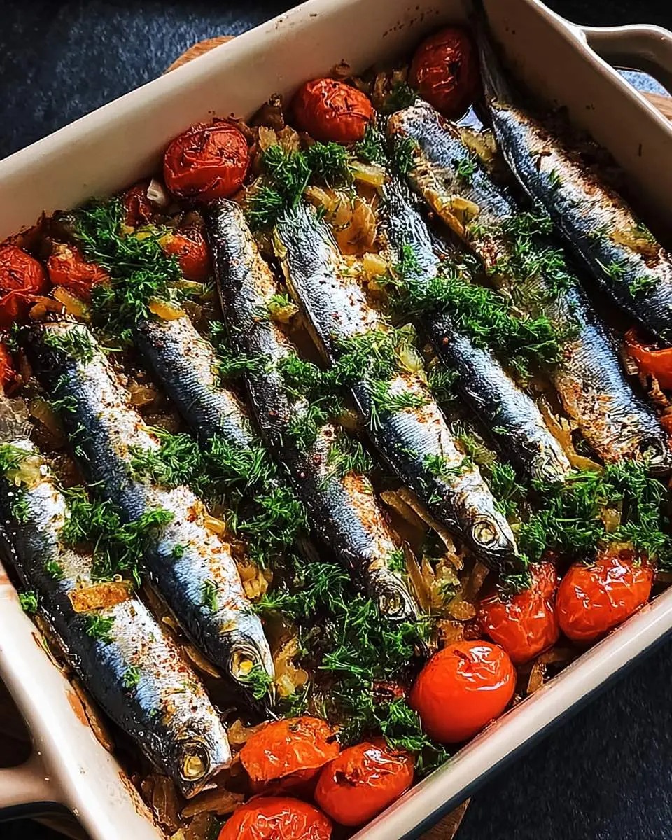 Baked Mediterranean Sardines 28 Baked Mediterranean Sardines arranged in a ceramic dish with roasted cherry tomatoes and fresh herbs.
