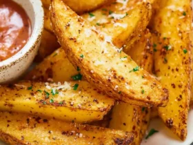 Golden crispy baked potato wedges topped with parmesan and herbs, served with ketchup on a white plate.