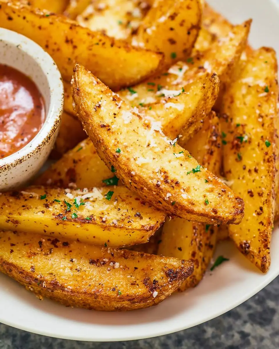 Golden crispy baked potato wedges topped with parmesan and herbs, served with ketchup on a white plate.