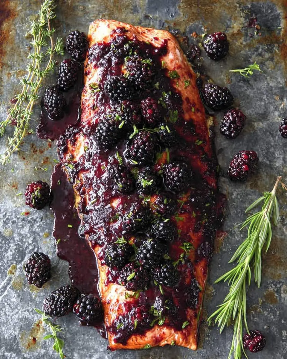 Baked Salmon with Blackberry Barbecue Sauce topped with fresh blackberries and herbs on a rustic metal surface.
