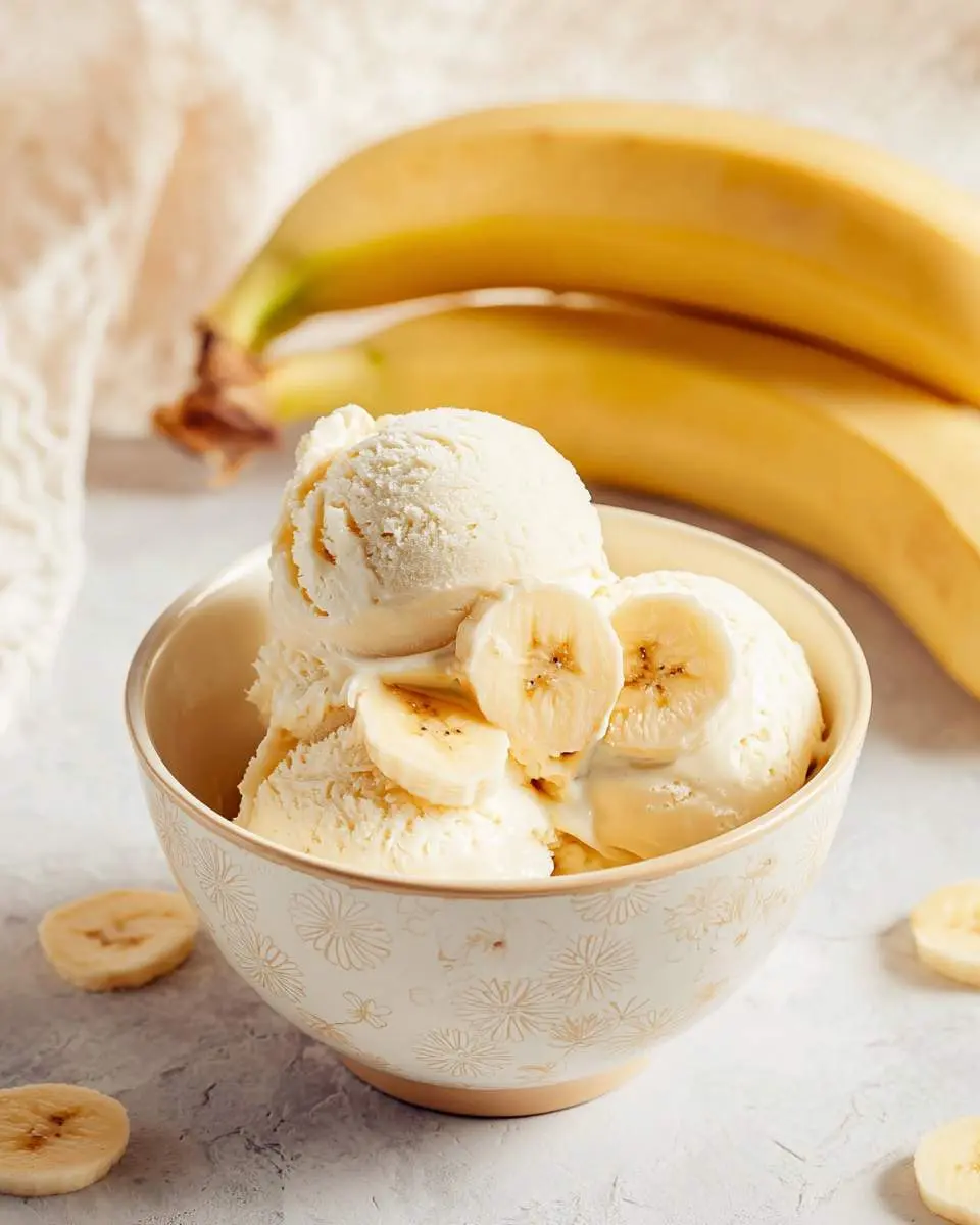 Frozen banana ice cream ingredients arranged on a counter with ripe spotted bananas