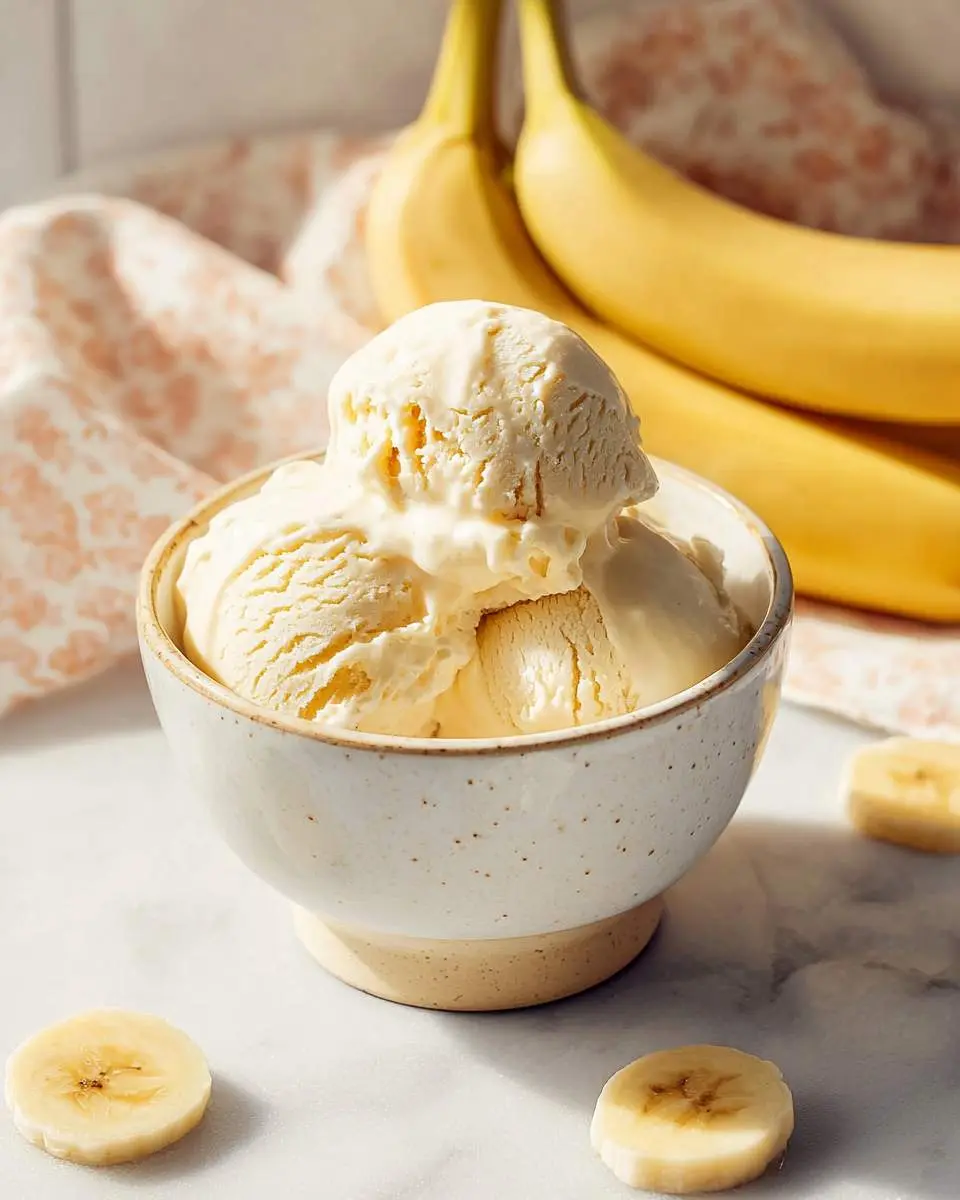A ceramic bowl filled with creamy banana ice cream, surrounded by fresh banana slices and whole bananas in the background.