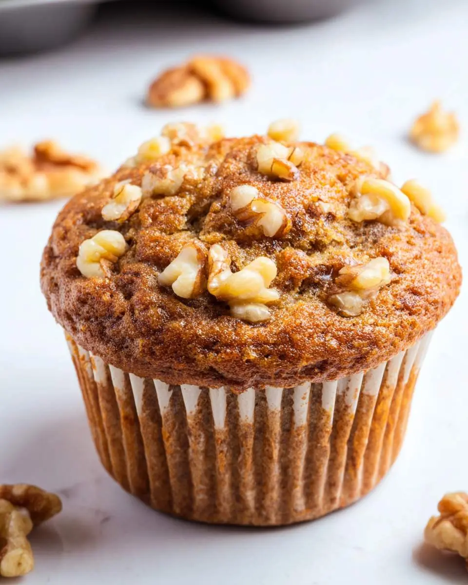 A freshly baked banana walnut muffin topped with crunchy walnuts sits on a white marble surface.