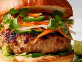 Banh Mi Turkey Burgers 50 A juicy Banh Mi Turkey Burger topped with pickled vegetables, cilantro, jalapeños, and spicy mayo on a toasted bun.