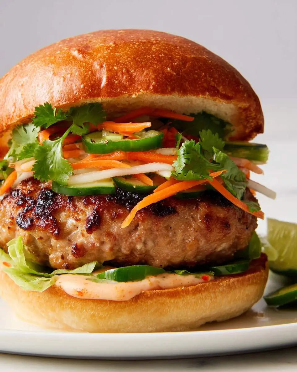 Banh Mi Turkey Burgers 28 A juicy Banh Mi Turkey Burger topped with pickled vegetables, cilantro, jalapeƱos, and spicy mayo on a toasted bun.