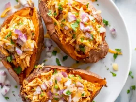 Three BBQ Chicken Stuffed Sweet Potatoes topped with shredded cheese, diced red onion, and fresh cilantro on a white plate.