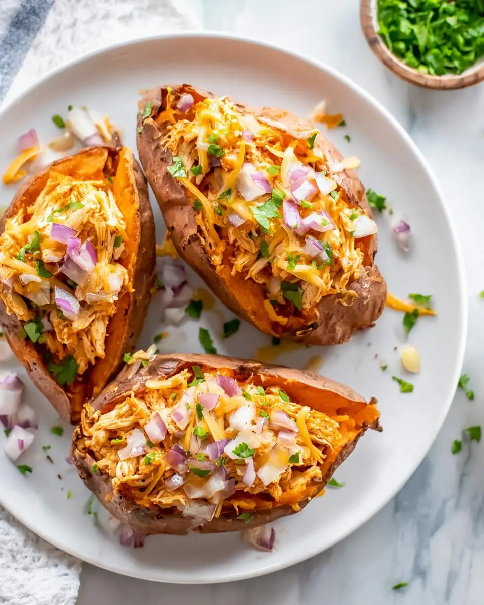 BBQ Chicken Stuffed Sweet Potatoes 28 Three BBQ Chicken Stuffed Sweet Potatoes topped with shredded cheese, diced red onion, and fresh cilantro on a white plate.