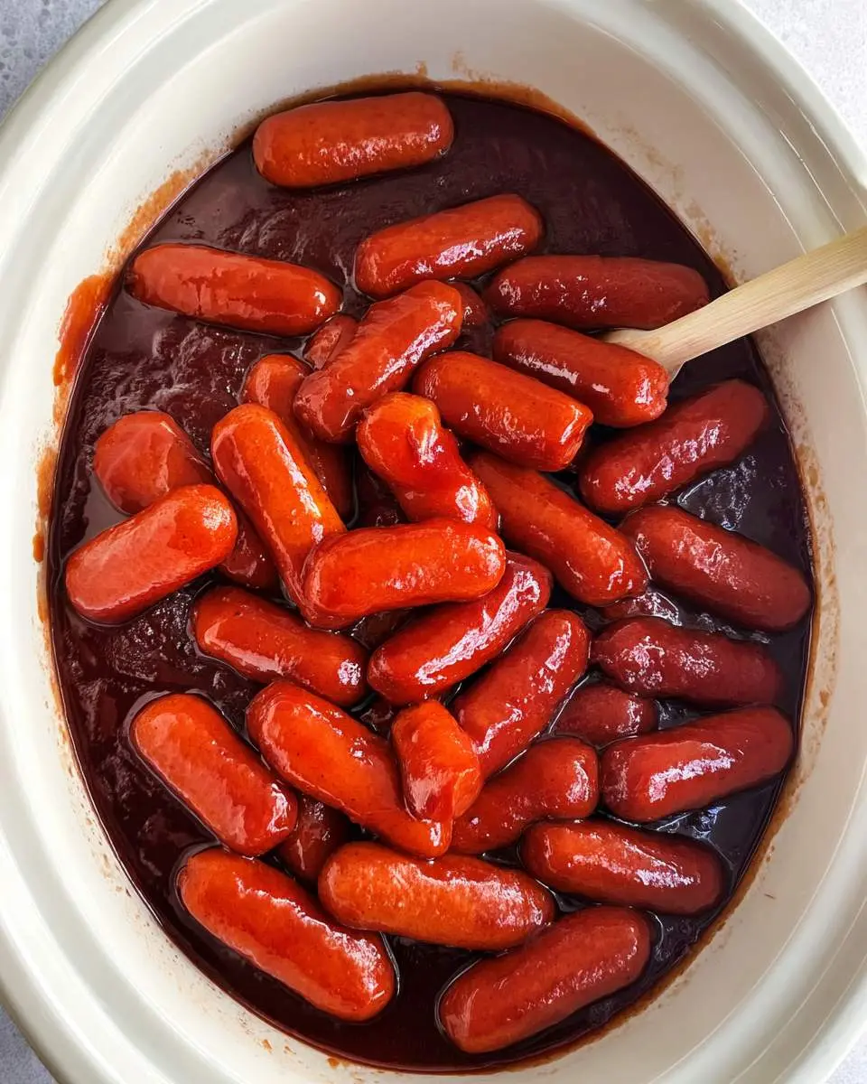 Bbq Smokies Crockpot filled with glossy mini sausages coated in rich barbecue sauce and a wooden spoon.