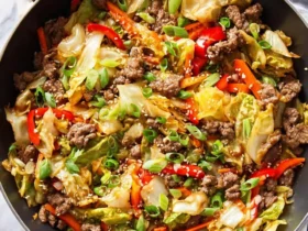 beef and cabbage stir fry 44 Beef and cabbage stir fry with peppers and green onions in a skillet with a wooden spoon.