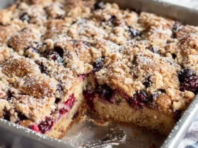 Berry Coffee Cake baked in a square pan with crumb topping, sliced into pieces with one piece removed.