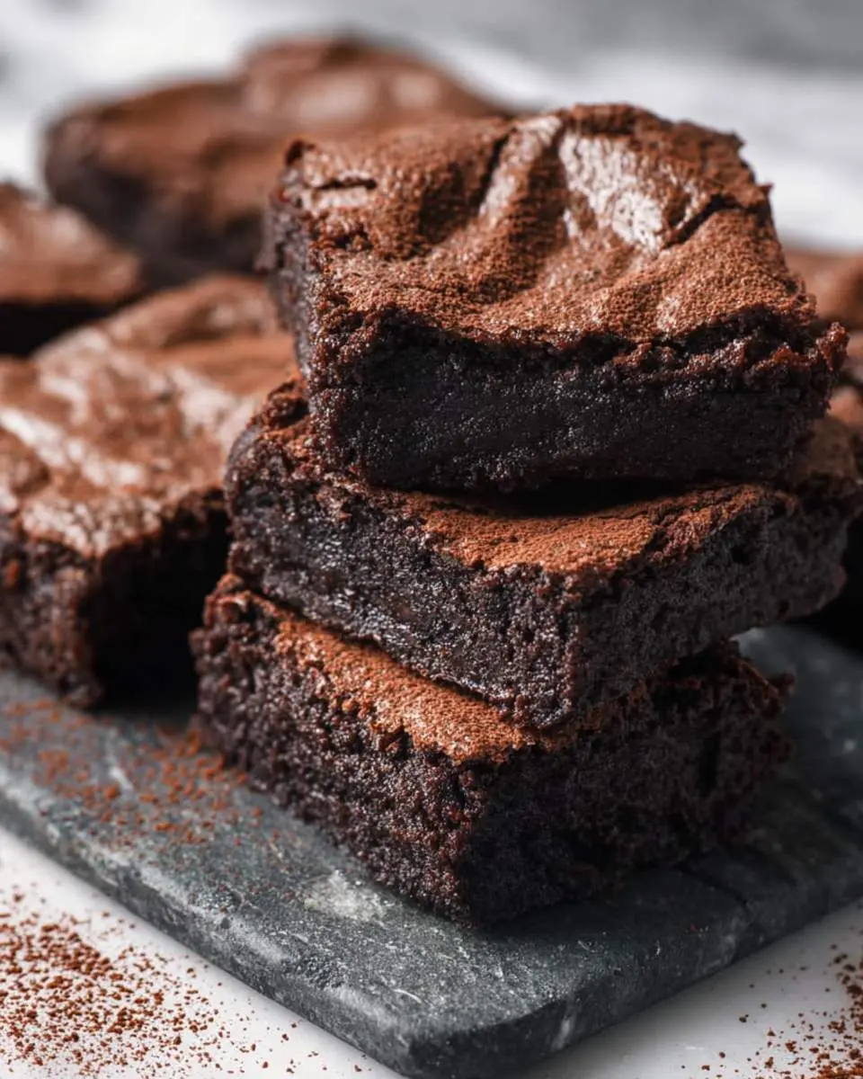 Three fudgy Black Cocoa Powder Brownies stacked on a marble slab, dusted with cocoa powder.
