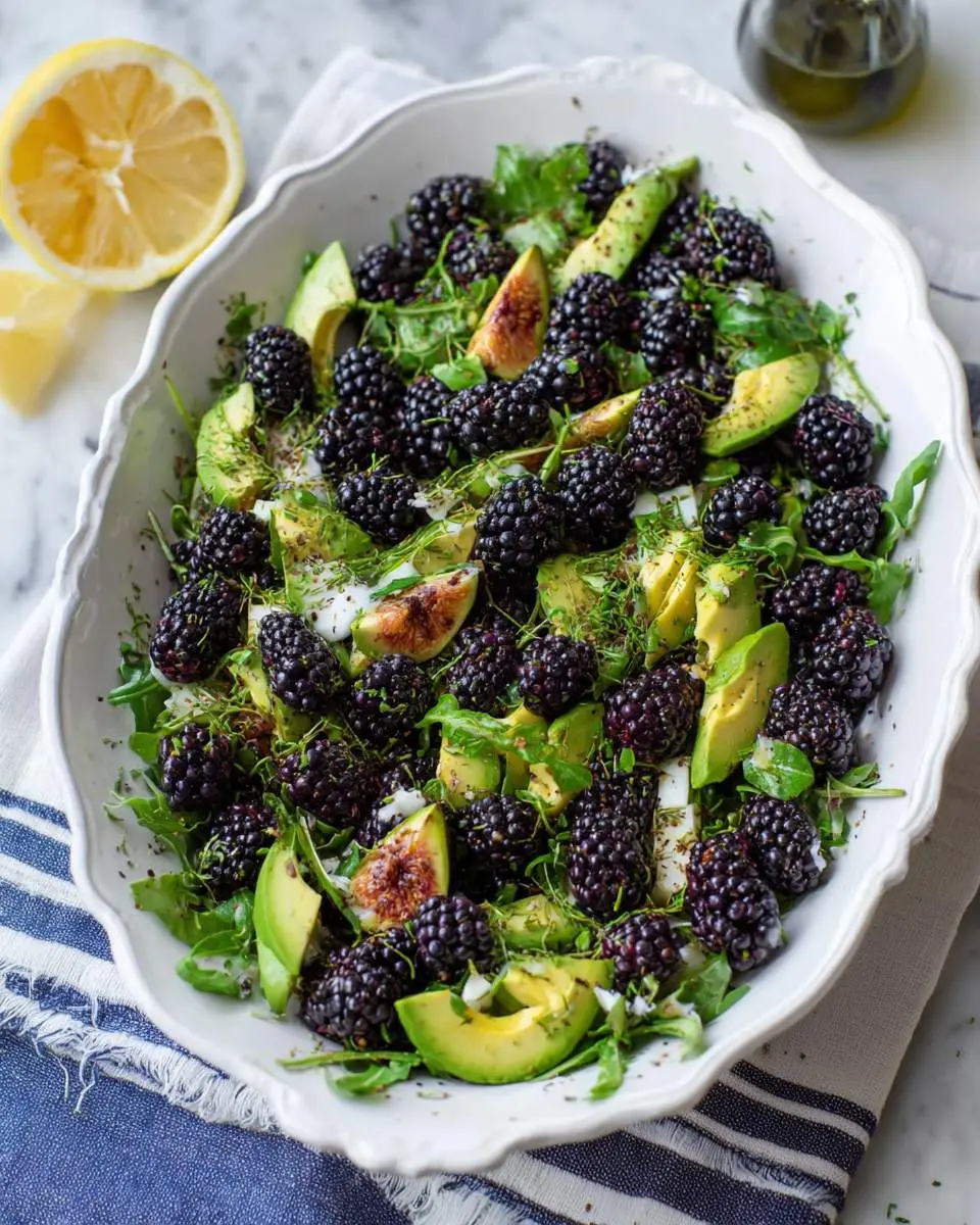 Fresh Blackberry Avocado Arugula Salad with figs and herbs in a white oval bowl, lemon on the side.