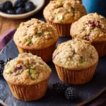 Five homemade blackberry zucchini muffins arranged on a slate serving board with fresh blackberries scattered around.