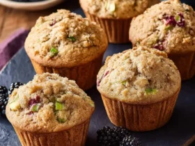 Five homemade blackberry zucchini muffins arranged on a slate serving board with fresh blackberries scattered around.
