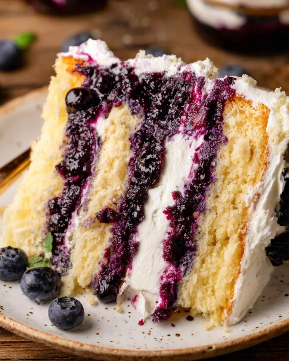 Blueberry jam and cream cake ingredients arranged on a wooden counter with fresh berries and cream cheese