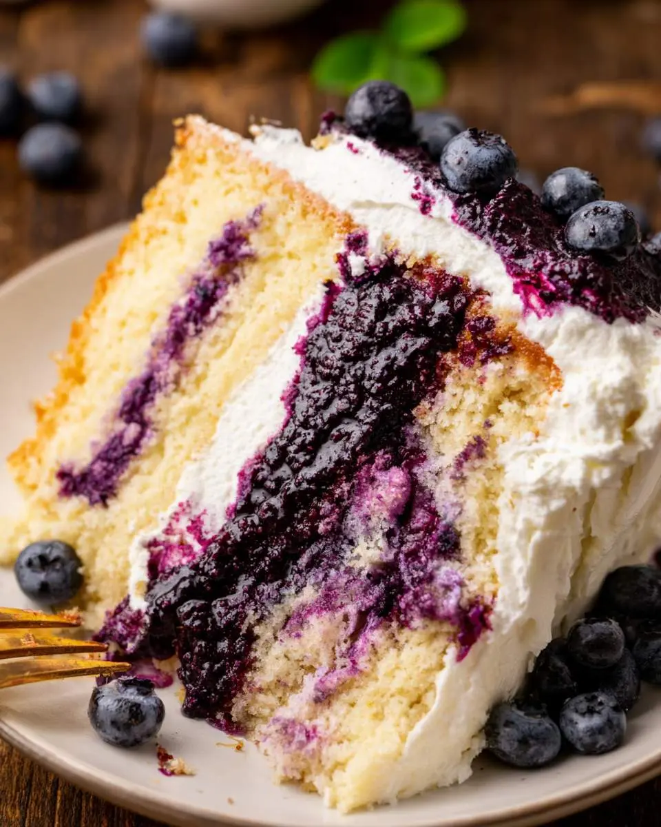A slice of Blueberry Jam and Cream Cake with three layers of vanilla sponge, thick blueberry filling, and whipped cream frosting topped with fresh blueberries.