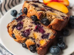 Two slices of Blueberry Peach Bread on a white plate with fresh blueberries and peach slices.