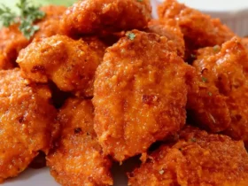 A plate of crispy boneless chicken wings coated in spicy orange buffalo sauce, served with celery, carrots, and ranch dressing.