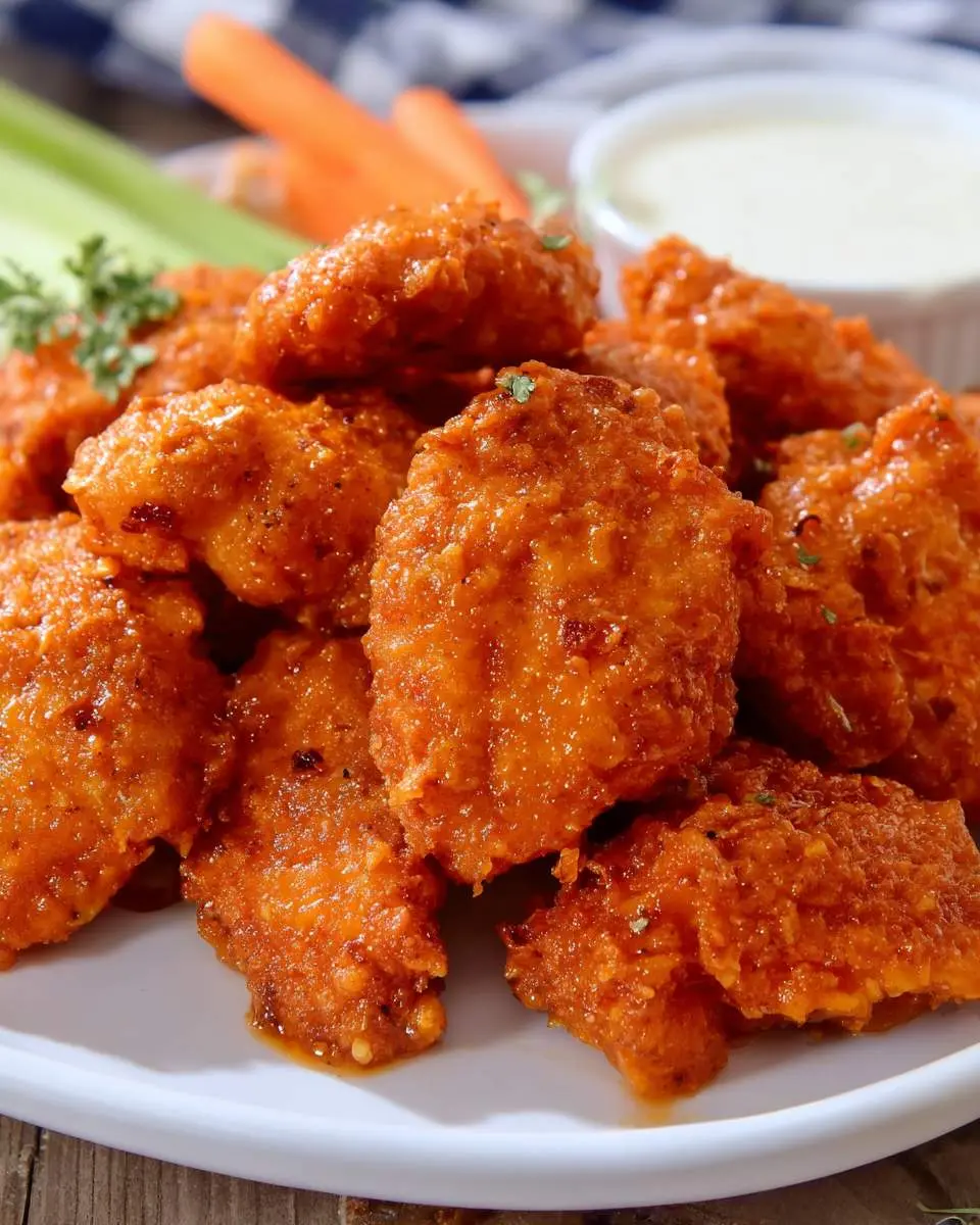 A plate of crispy boneless chicken wings coated in spicy orange buffalo sauce, served with celery, carrots, and ranch dressing.