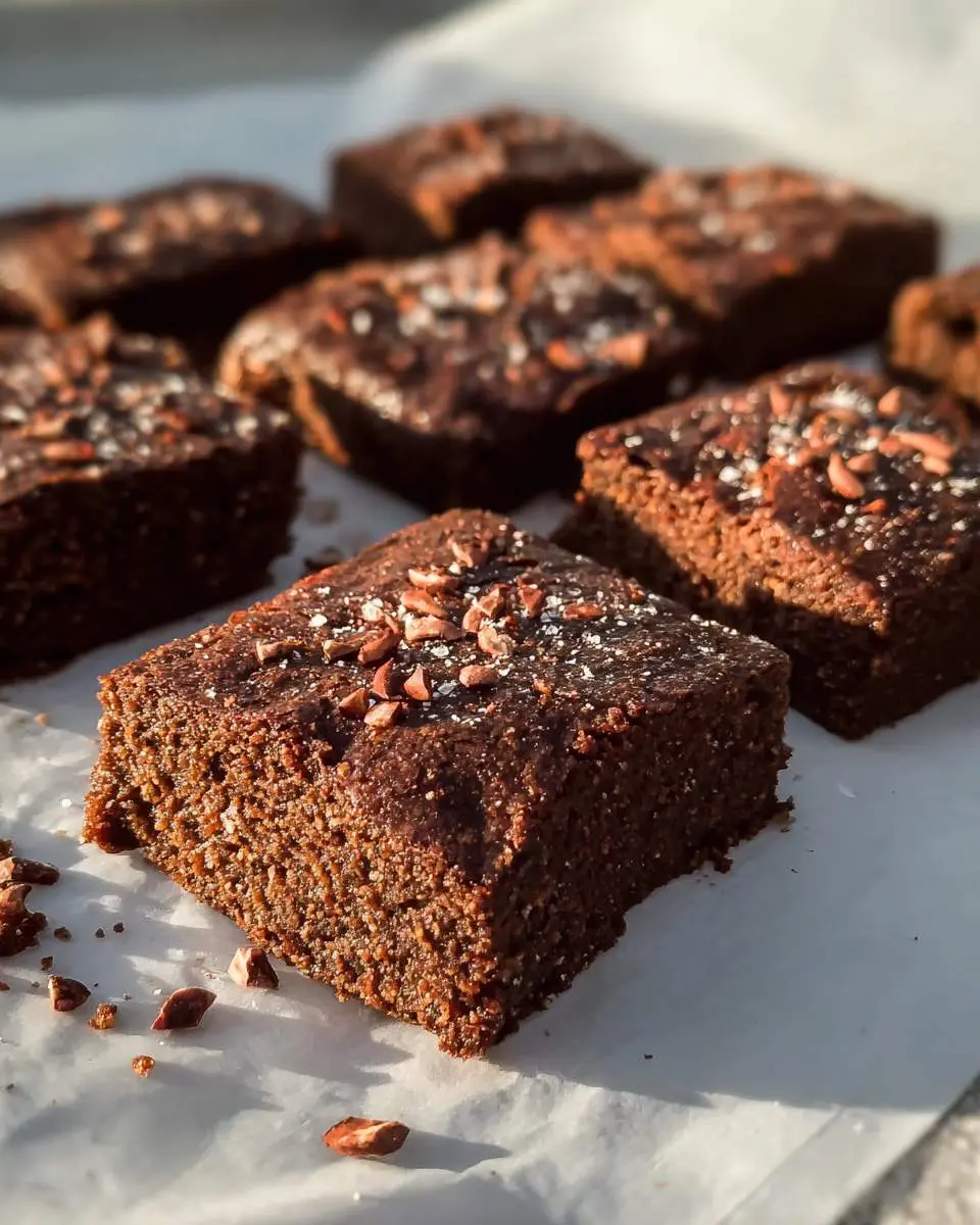 Squares of rich Brown Butter Espresso Brownies topped with cacao nibs and flaky sea salt on white parchment paper.