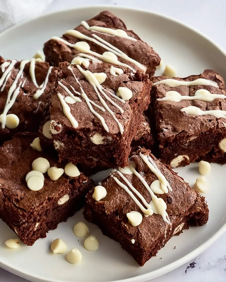 Stack of fudgy brownies with white chocolate chips drizzled with white icing on a white plate.