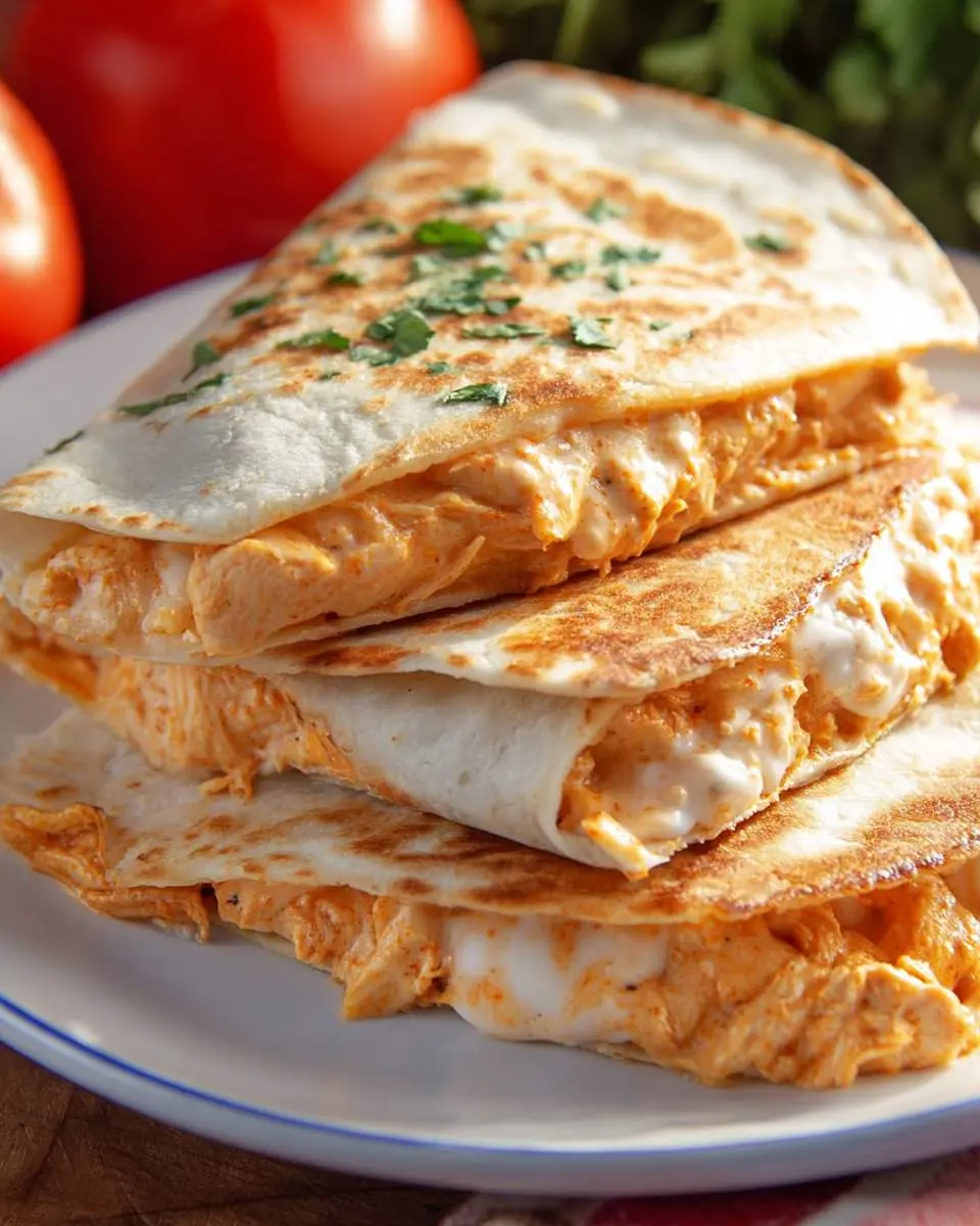 Buffalo Chicken Quesadillas 28 Stack of golden-brown Buffalo Chicken Quesadillas filled with creamy chicken and melted cheese, garnished with fresh herbs.