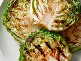 Cabbage Steaks 44 Four golden-brown roasted Cabbage Steaks arranged on a white plate, showing charred edges and tender centers.