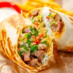 California Burrito Recipe showing a grilled burrito cut in half with carne asada, fries, guacamole, and sour cream.