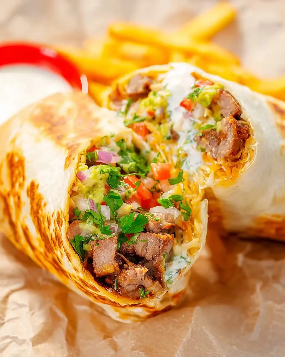 California Burrito Recipe showing a grilled burrito cut in half with carne asada, fries, guacamole, and sour cream.