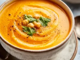 A ceramic bowl of creamy Carrot And Ginger Soup topped with chickpeas, fresh herbs, and black pepper.