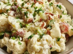 A bowl of creamy Cauliflower Potato Salad topped with bacon, fresh herbs, and green onions, served with a wooden spoon.