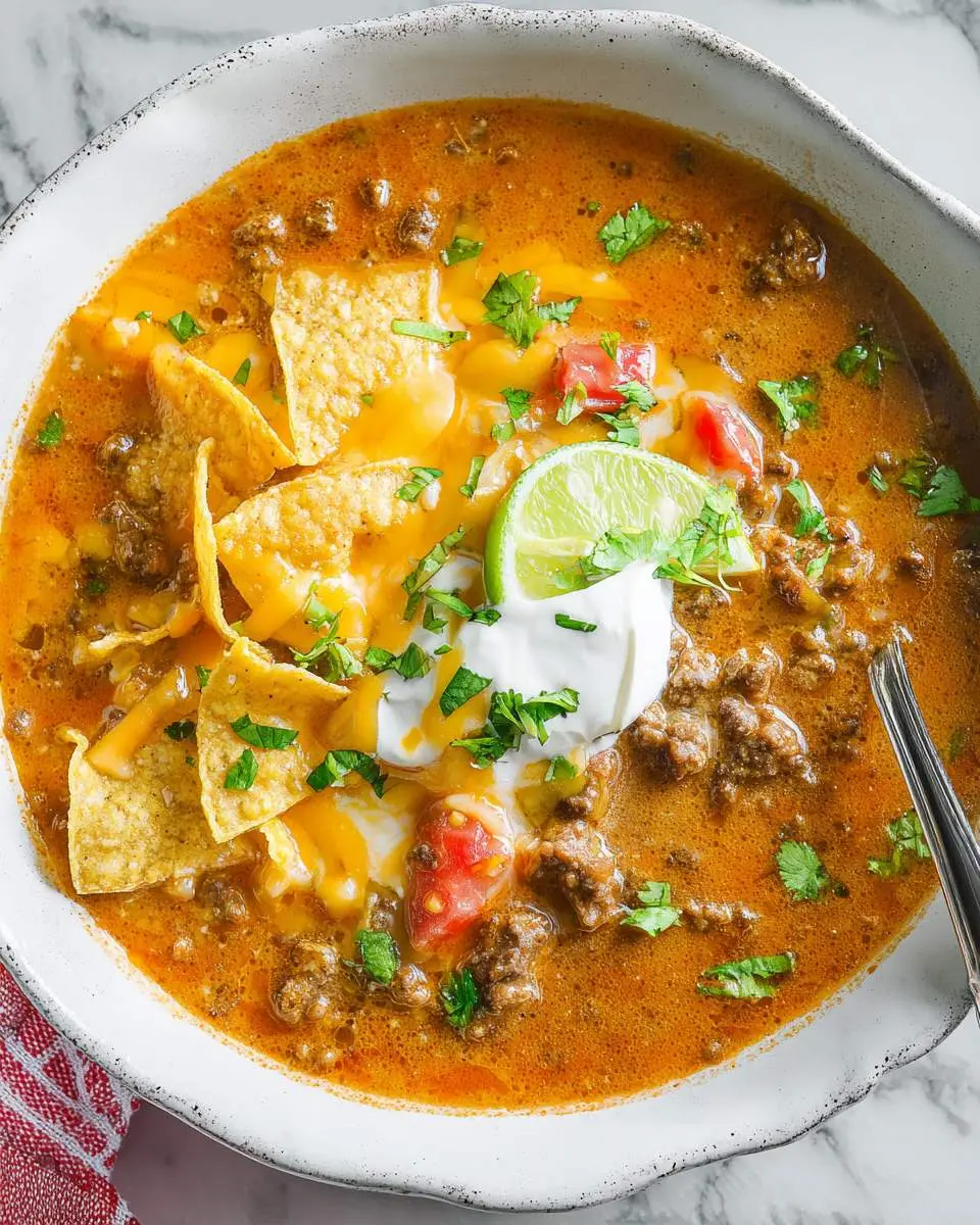 A bowl of Cheesy Beef Enchilada Soup topped with tortilla chips, sour cream, melted cheese, cilantro, and a lime wedge.