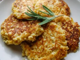 Four golden brown Cheesy Cauliflower Cakes stacked on a white plate, garnished with fresh sage.