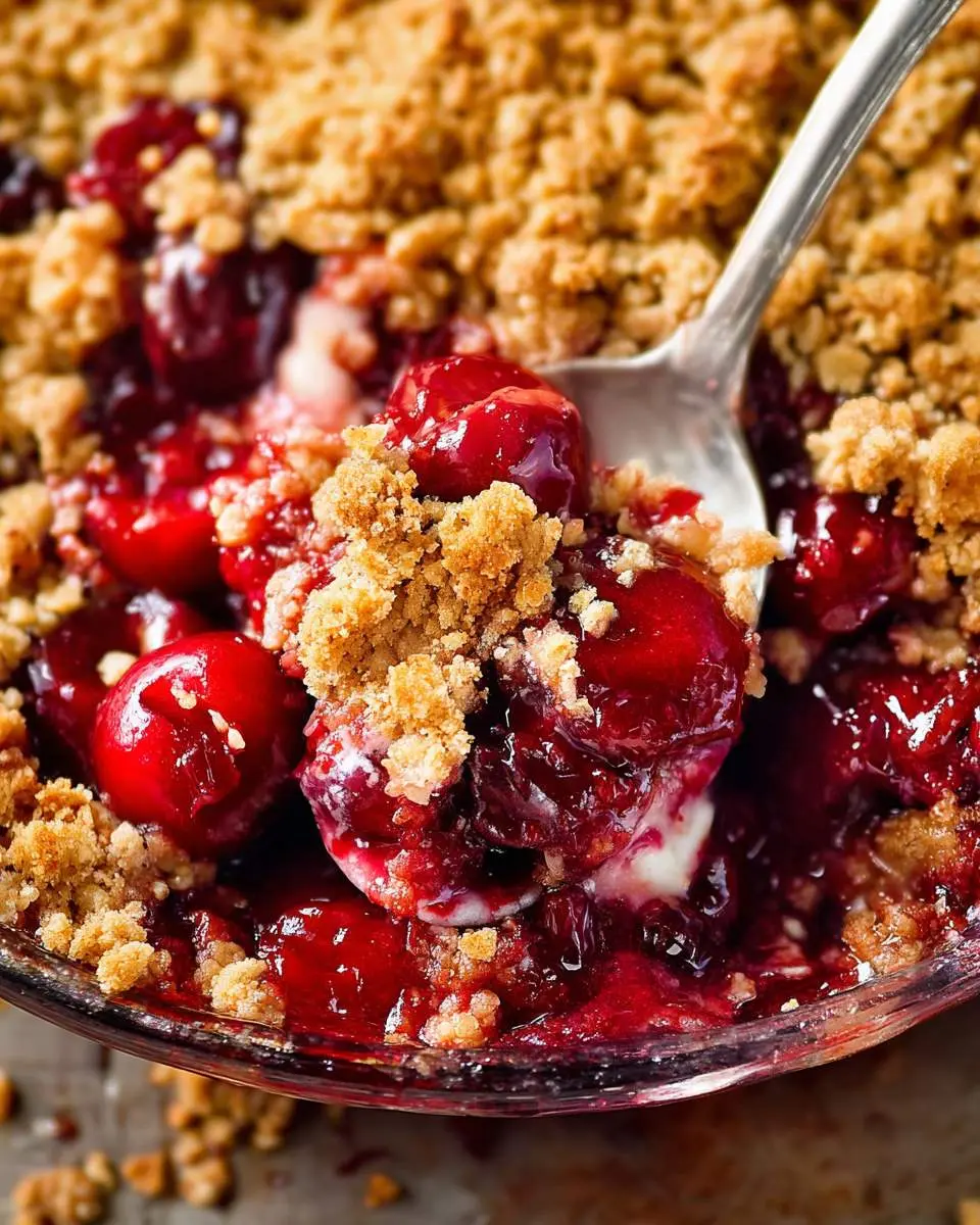 A spoonful of warm Cherry Crisp with golden crumble topping and juicy red cherries in a glass baking dish.