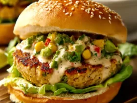 Chicken Burgers with Avocado Corn Salsa topped with creamy sauce on a sesame seed bun with lettuce.