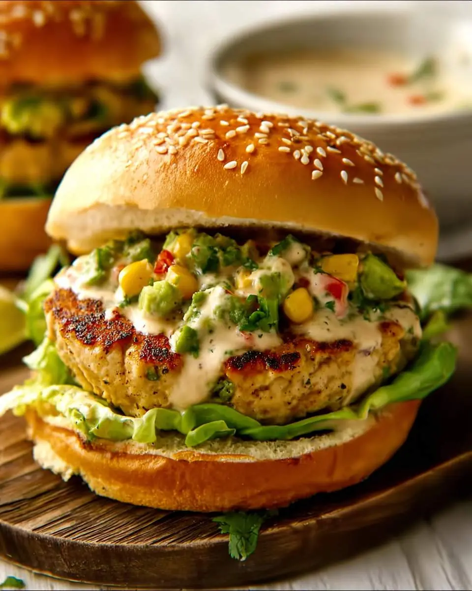 Chicken Burgers with Avocado Corn Salsa topped with creamy sauce on a sesame seed bun with lettuce.