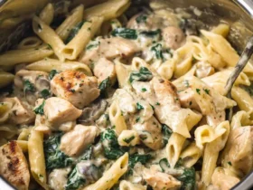 Creamy Chicken Florentine Pasta with penne, spinach, and mushrooms in an Instant Pot.