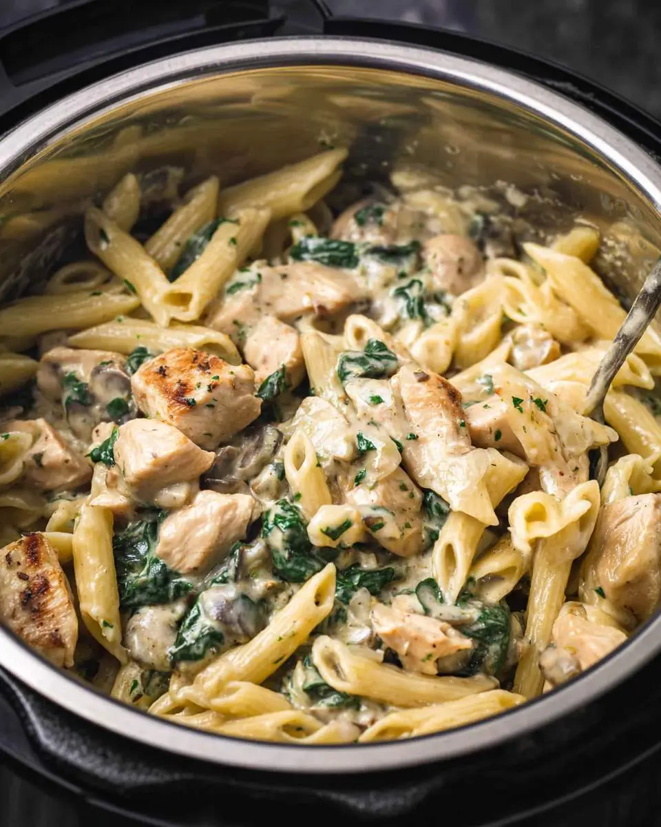 Creamy Chicken Florentine Pasta with penne, spinach, and mushrooms in an Instant Pot.