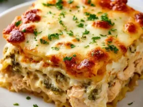 A slice of creamy Chicken Lasagna Bake topped with melted cheese and fresh herbs on a white plate.