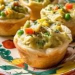 Golden, flaky Chicken Pot Pie Cups filled with creamy chicken, vegetables, and herbs on a colorful plate.