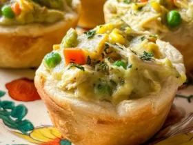 Chicken Pot Pie Cups 53 Golden, flaky Chicken Pot Pie Cups filled with creamy chicken, vegetables, and herbs on a colorful plate.