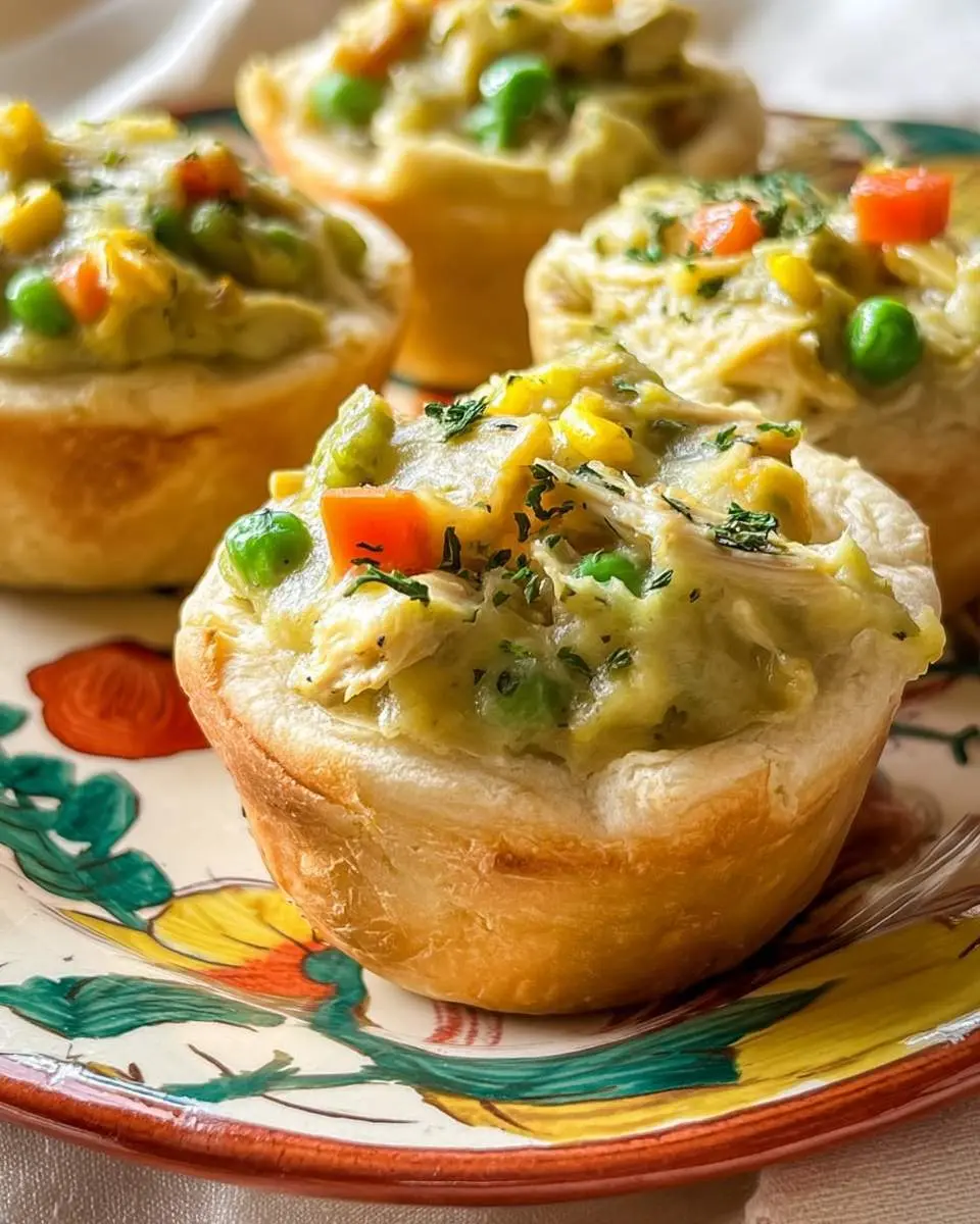 Golden, flaky Chicken Pot Pie Cups filled with creamy chicken, vegetables, and herbs on a colorful plate.