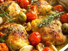 Golden-brown Chicken Provencal with tomatoes, olives, and herbs in a white baking dish.
