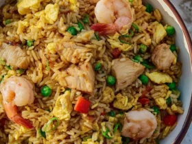 A bowl of Chicken Shrimp Fried Rice with peas, eggs, and vegetables on a marble surface.