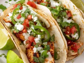 Three Chicken Street Tacos on a white plate topped with fresh cilantro, diced tomatoes, onions, jalapeños, and crumbled cheese with lime wedges.