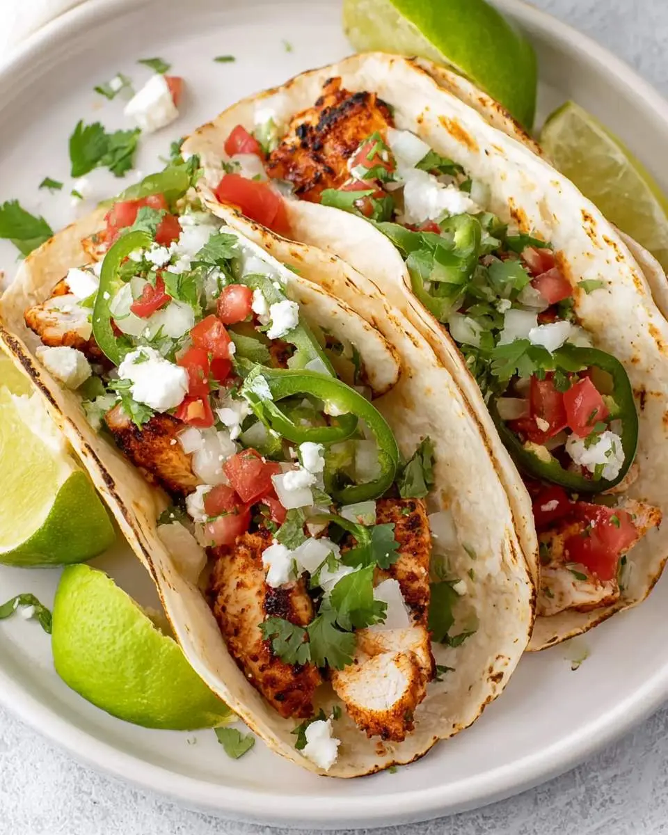 Three Chicken Street Tacos on a white plate topped with fresh cilantro, diced tomatoes, onions, jalapeños, and crumbled cheese with lime wedges.