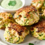 Golden brown Chicken Zucchini Poppers stacked on a white plate with creamy green dipping sauce.