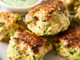 Golden brown Chicken Zucchini Poppers stacked on a white plate with creamy green dipping sauce.