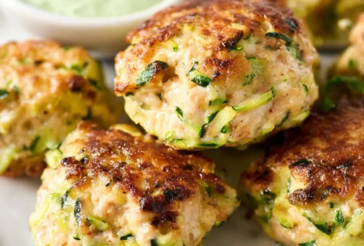 Golden brown Chicken Zucchini Poppers stacked on a white plate with creamy green dipping sauce.
